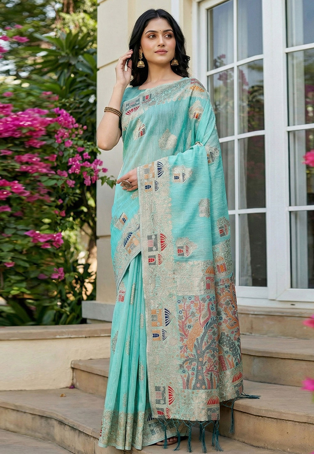 Sky Blue Linen Saree With Blouse 325664