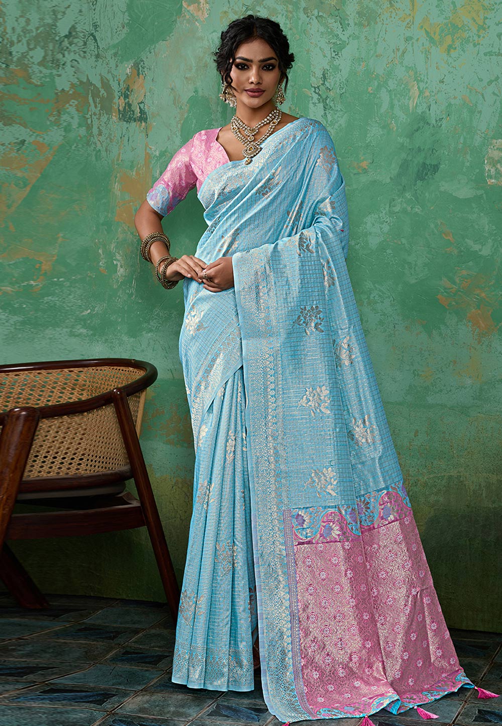 Sky Blue Linen Saree With Blouse 329529