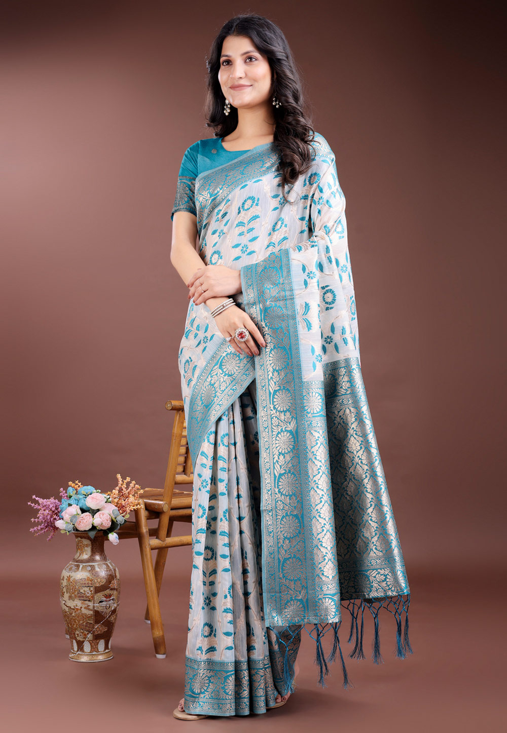 Sky Blue Linen Saree With Blouse 311785