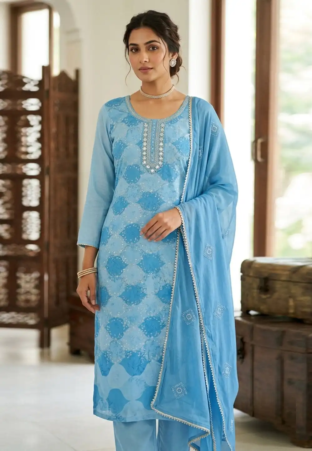 Sky Blue Muslin Pant Style Suit 330596