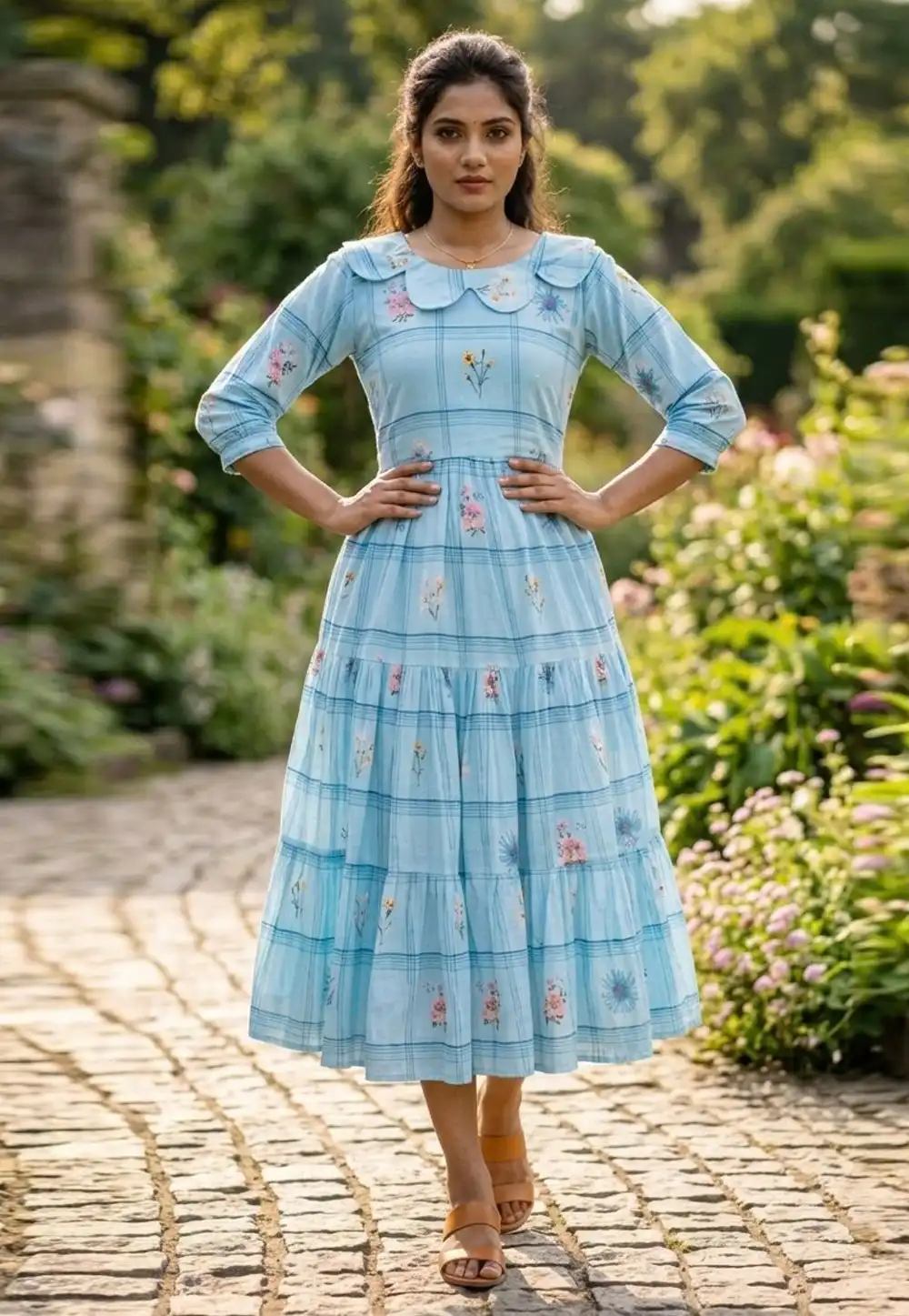 Sky Blue Muslin Printed Gown 328246