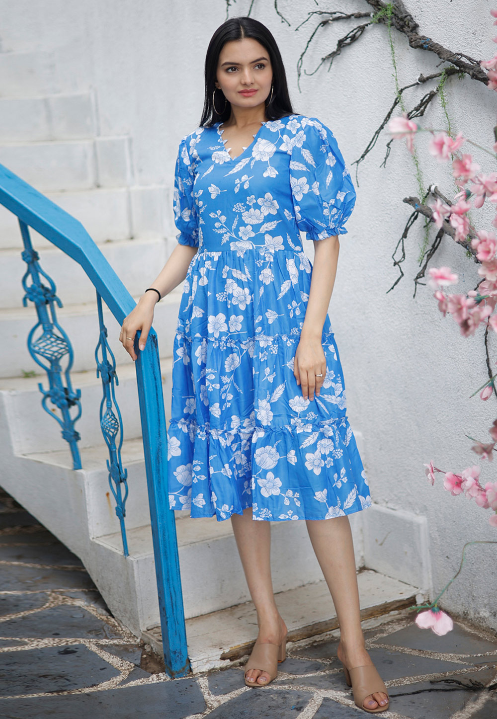 Sky Blue Muslin Printed Kurti 285171