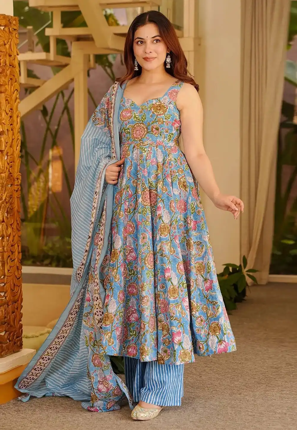 Sky Blue Muslin Readymade Palazzo Suit 329341