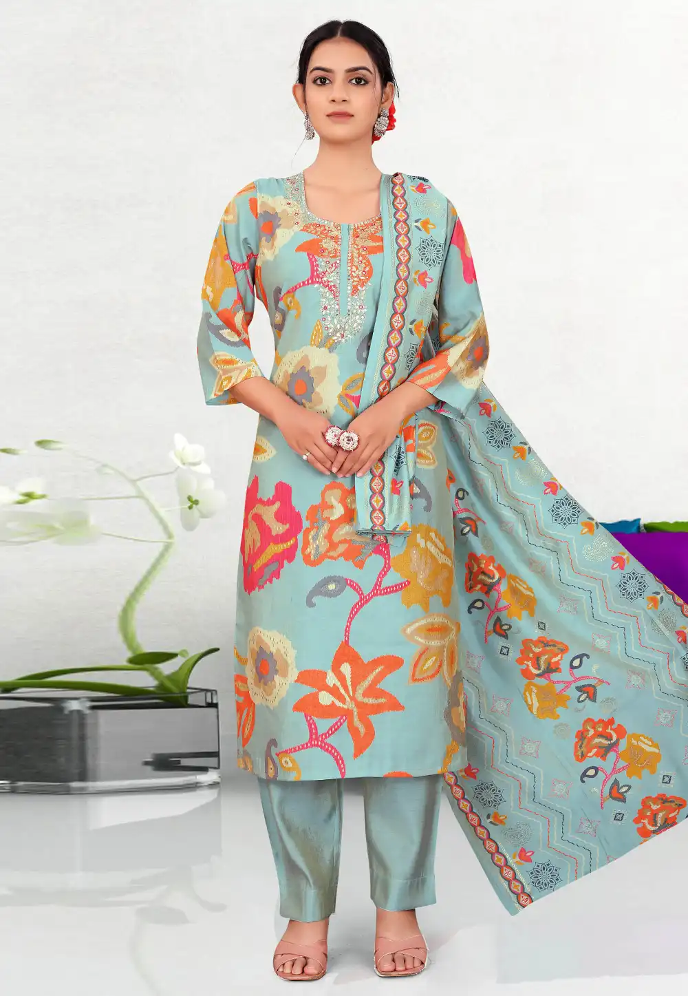 Sky Blue Muslin Readymade Pant Style Suit 321428