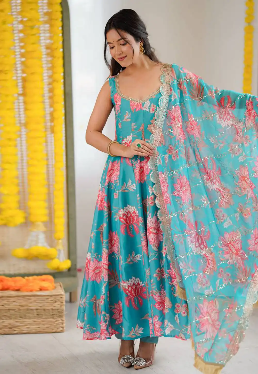 Sky Blue Muslin Readymade Pant Style Suit 326782