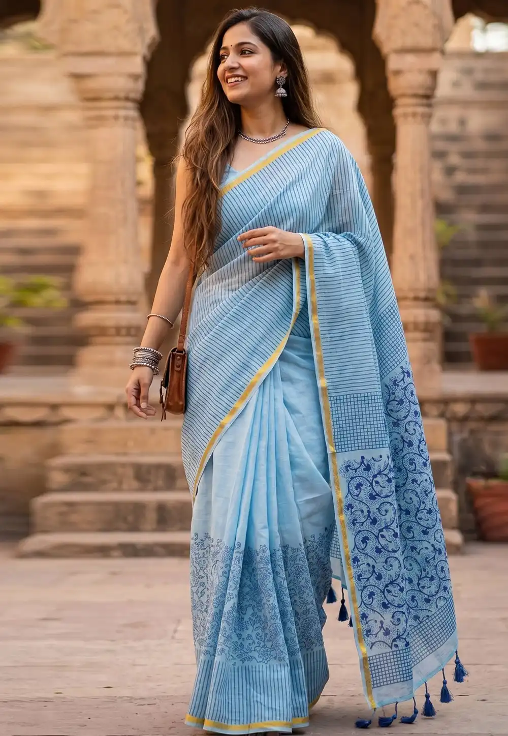 Sky Blue Muslin Saree With Blouse 329036