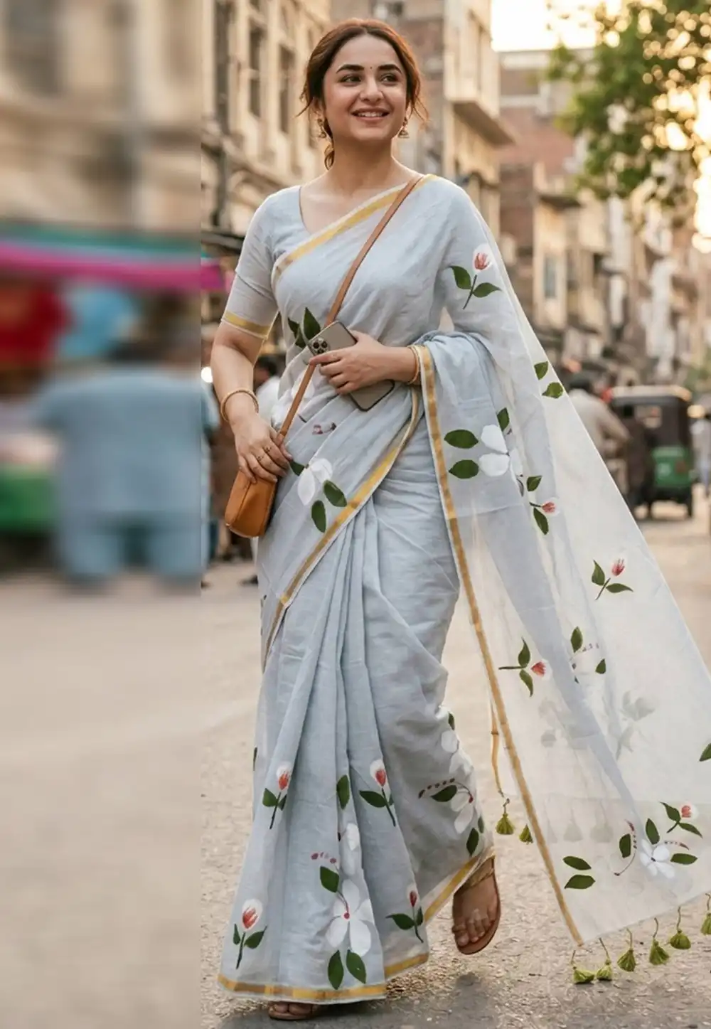 Sky Blue Muslin Saree With Blouse 328984