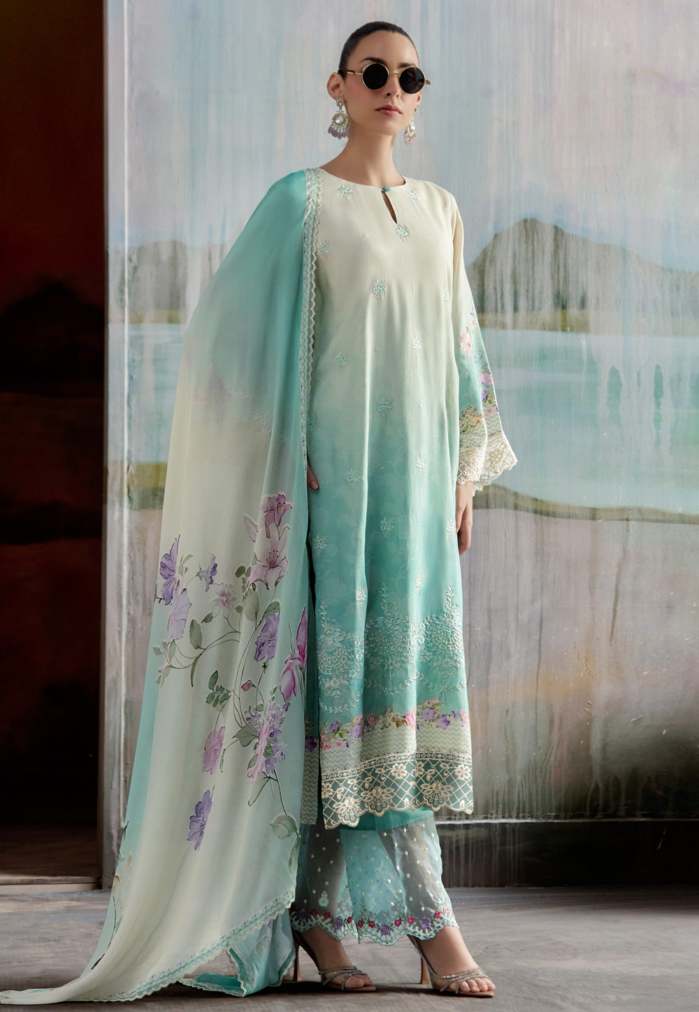 Sky Blue Muslin Straight Suit 312729