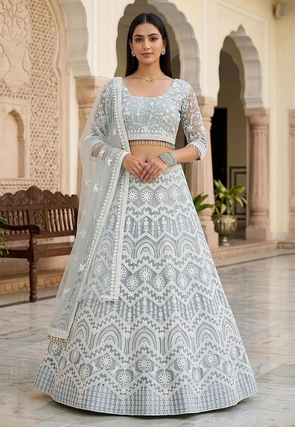 Sky Blue Net A Line Lehenga Choli 329149