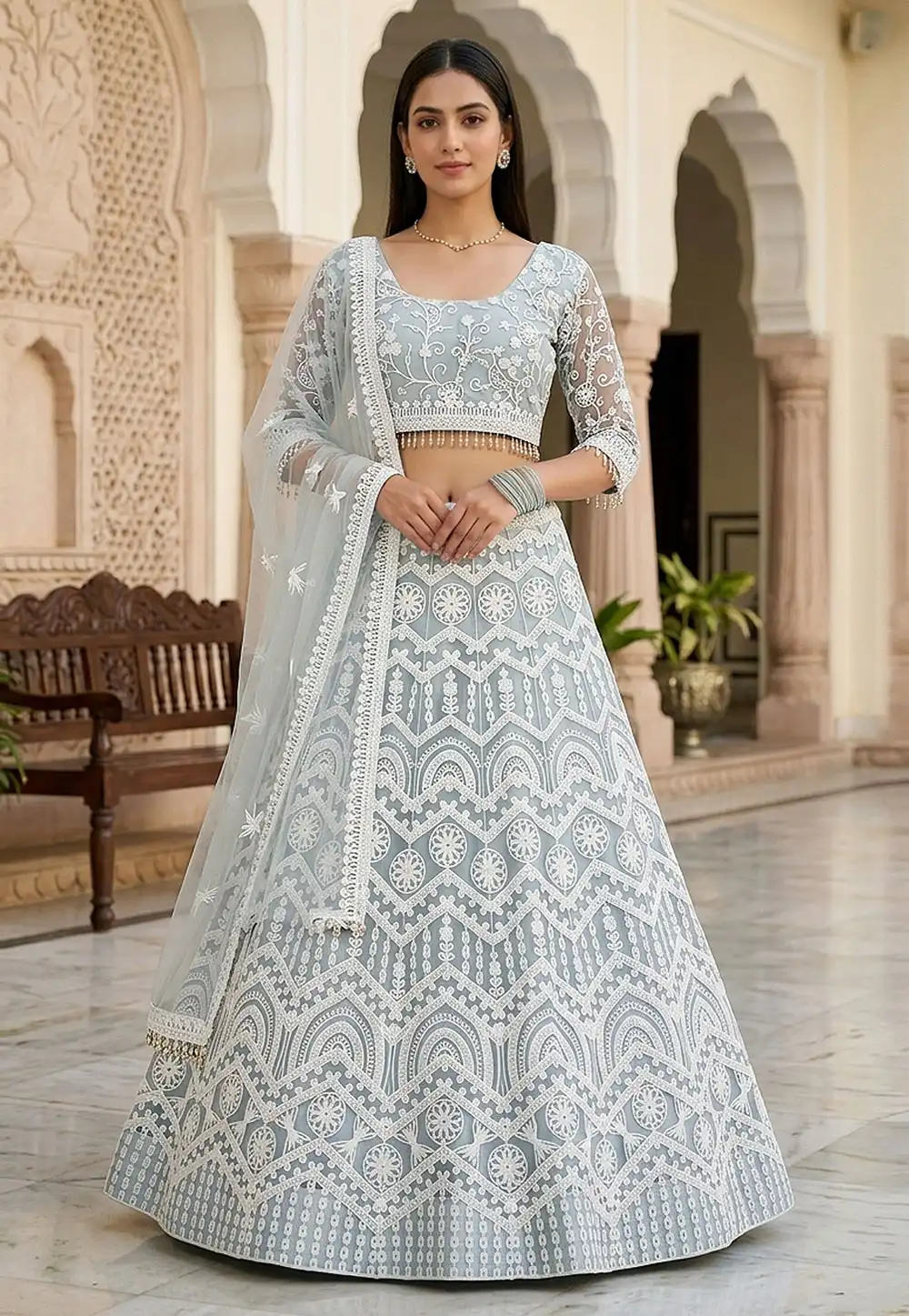 Sky Blue Net A Line Lehenga Choli 329149