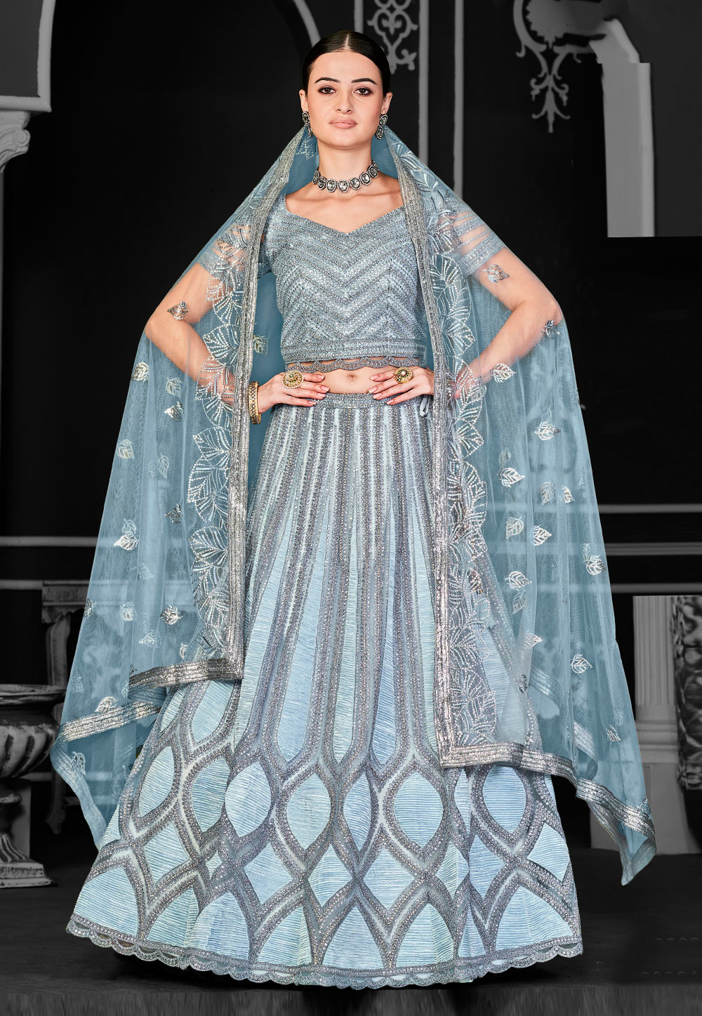 Sky Blue Net A Line Lehenga Choli 310221