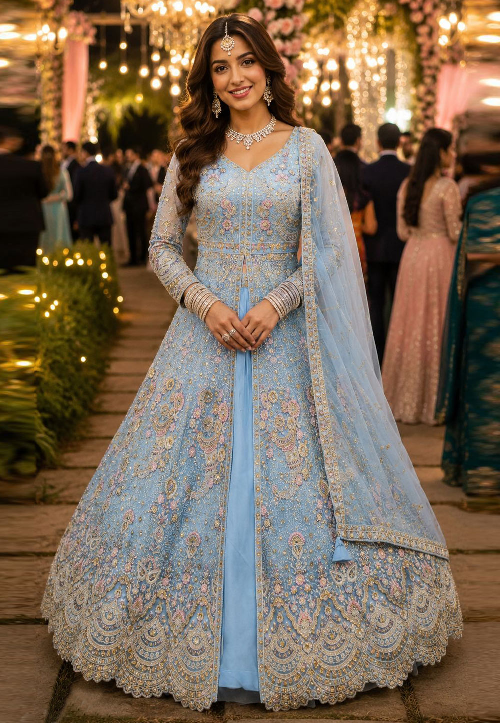 Sky Blue Net Anarkali Lehenga Choli 330136