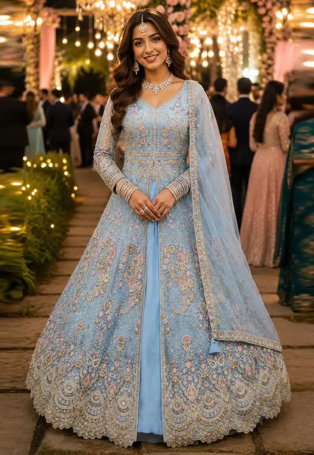 Sky Blue Net Anarkali Lehenga Choli 330136