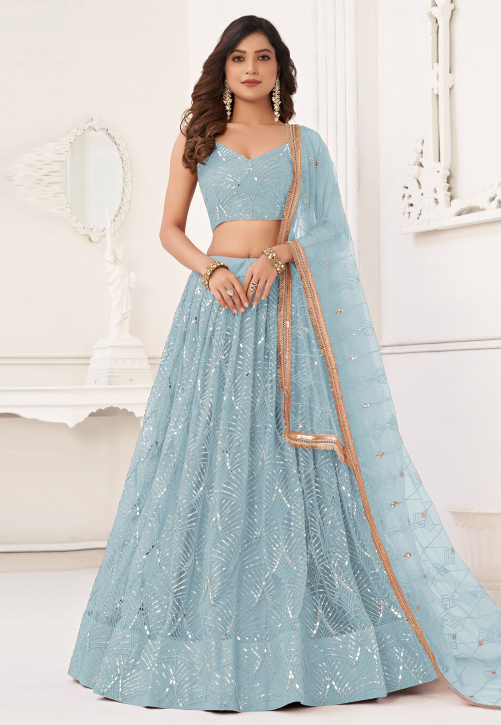 Sky Blue Net Circular Lehenga Choli 323351