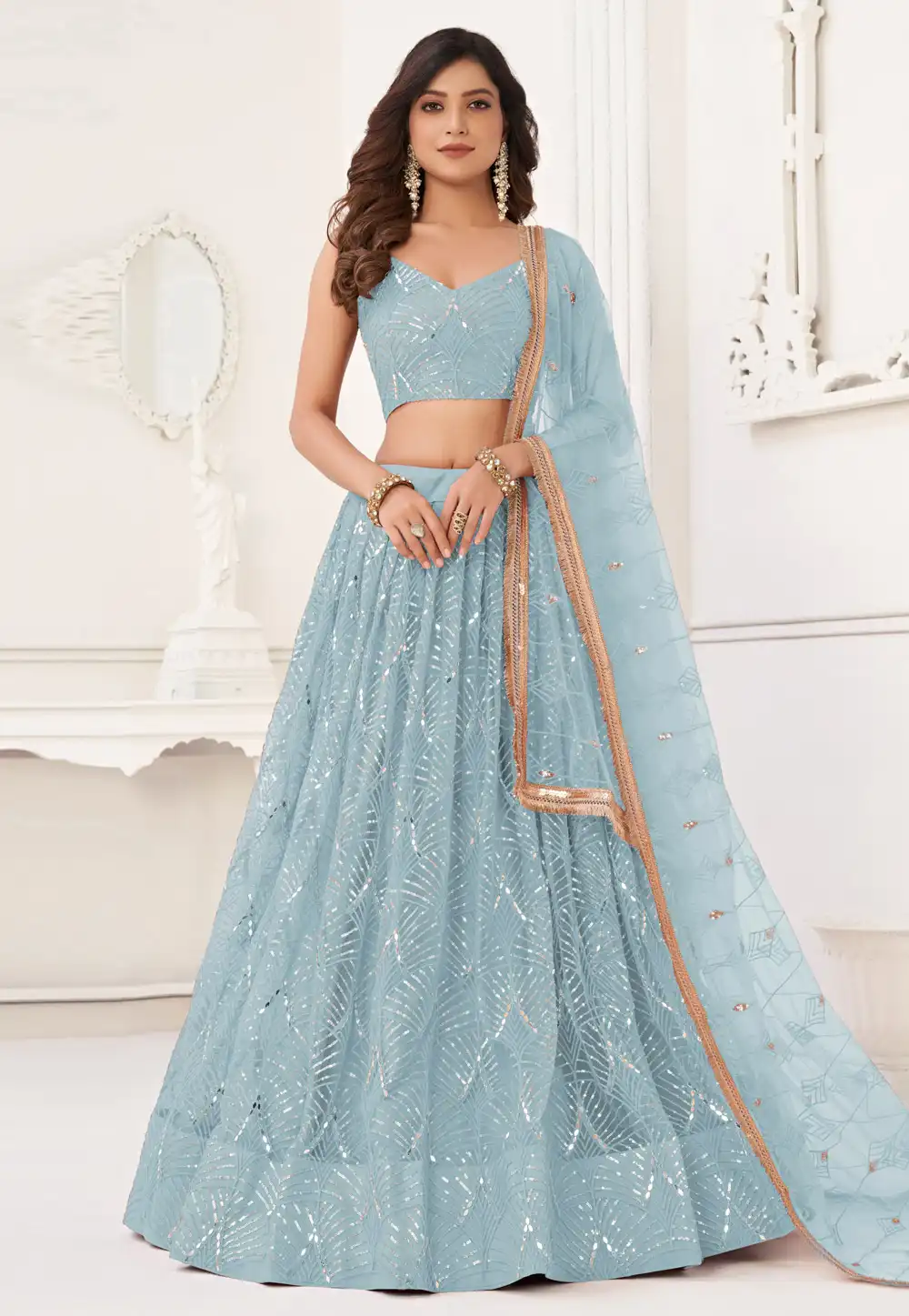 Sky Blue Net Circular Lehenga Choli 323351