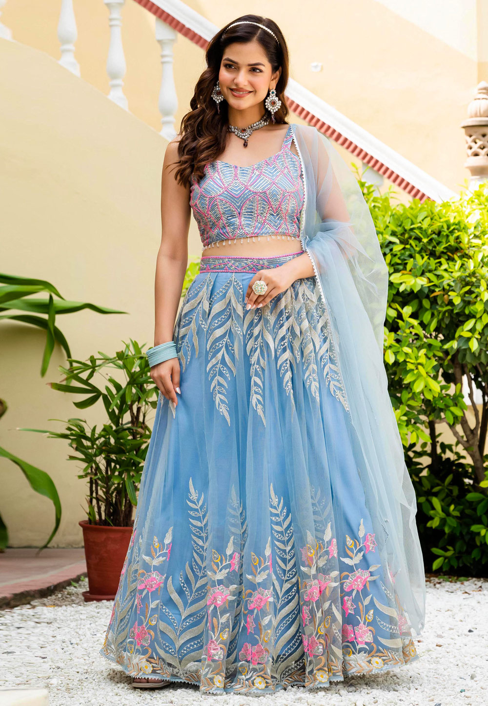 Sky Blue Net Circular Lehenga Choli 318376