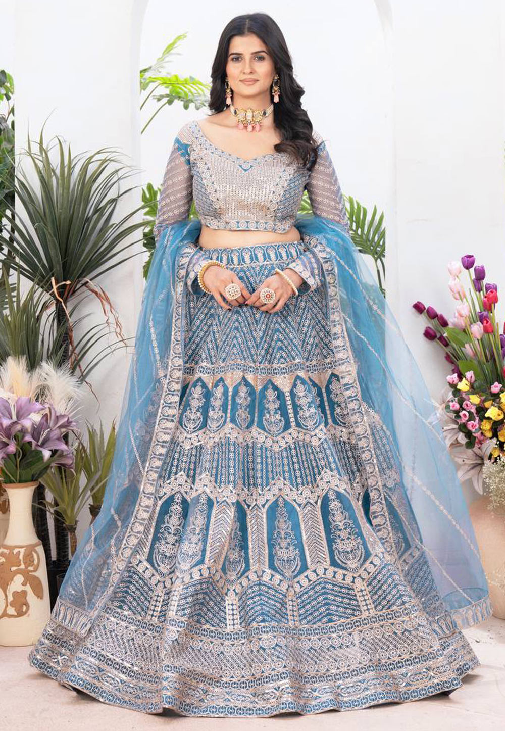 Sky Blue Net Circular Lehenga Choli 309945