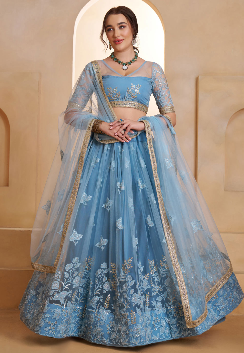 Sky Blue Net Circular Lehenga Choli 325767