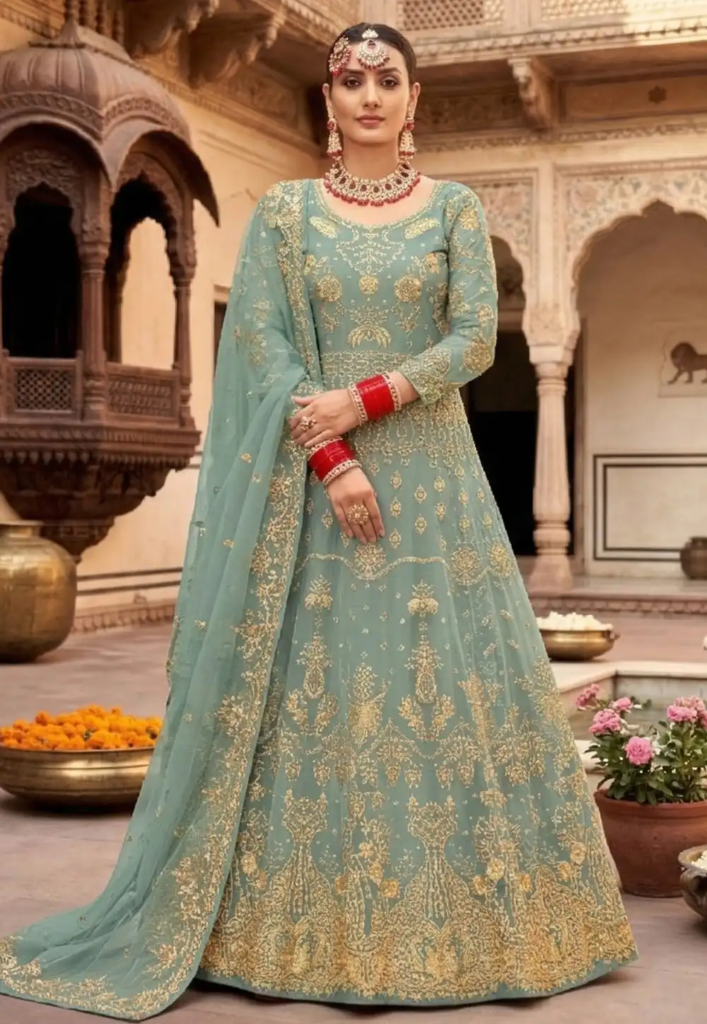 Sky Blue Net Embroidered Long Anarkali Suit 327707