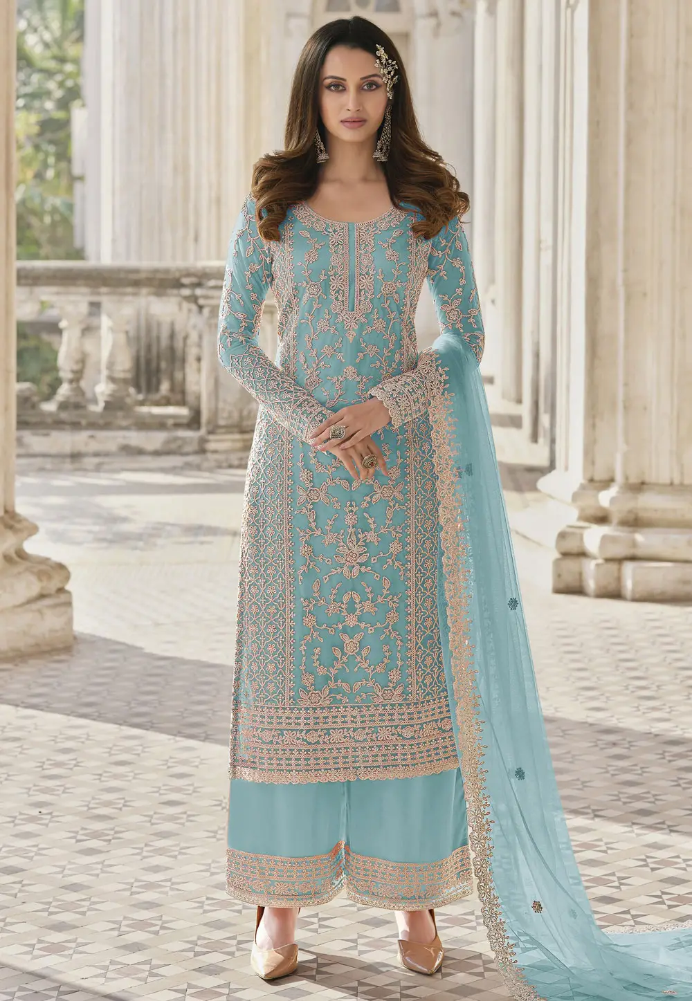 Sky Blue Net Embroidered Pakistani Suit 334485
