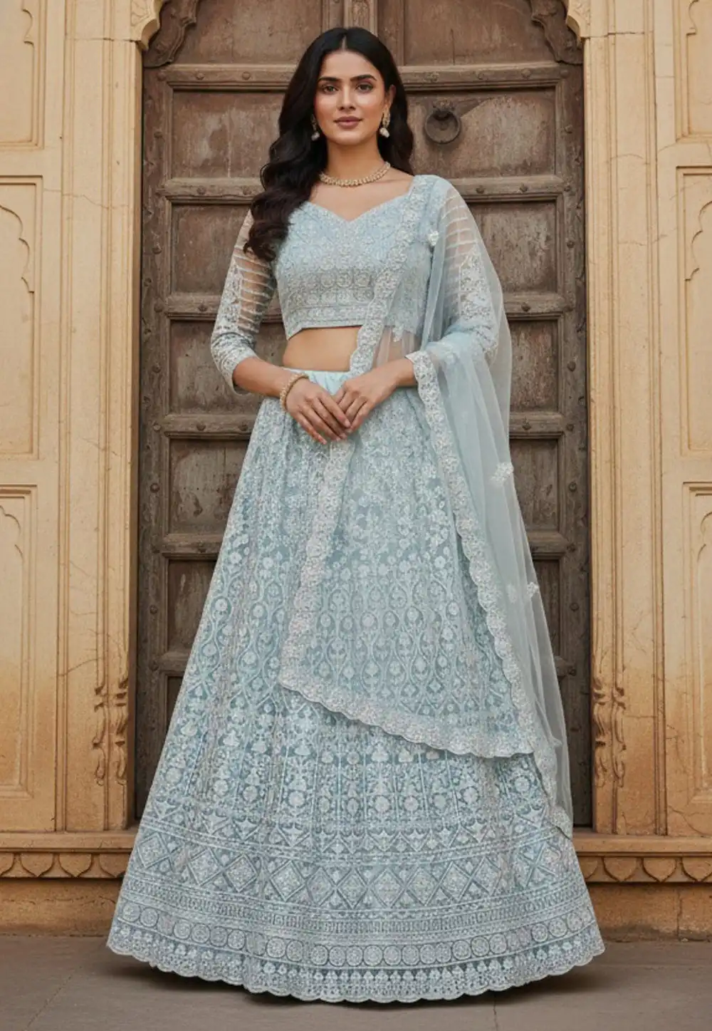 Sky Blue Net Lehenga Choli 329148