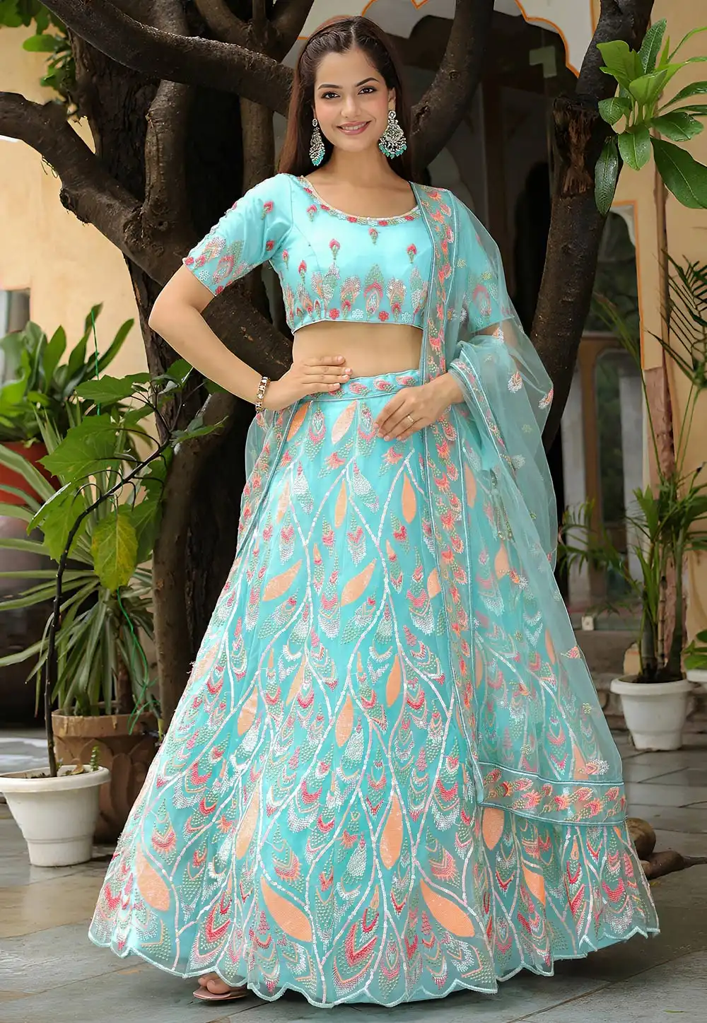 Sky Blue Net Lehenga Choli 315230