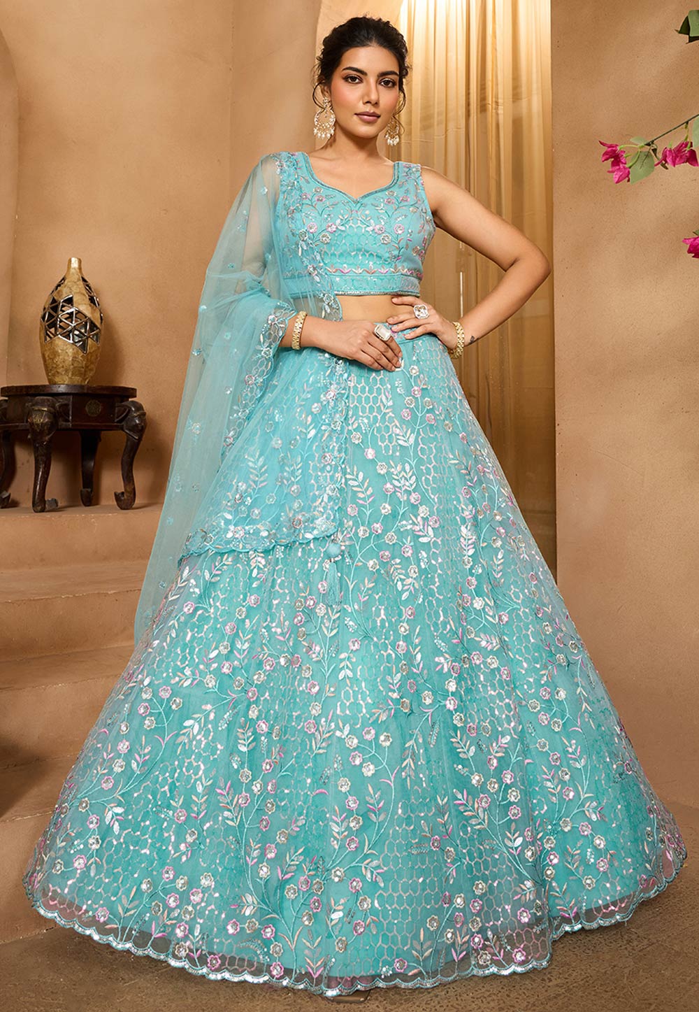 Sky Blue Net Lehenga Choli 318120