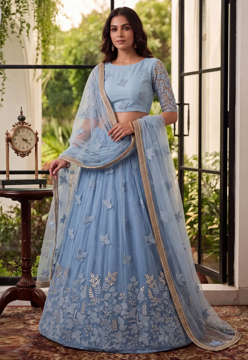 Sky Blue Net Lehenga Choli 335849