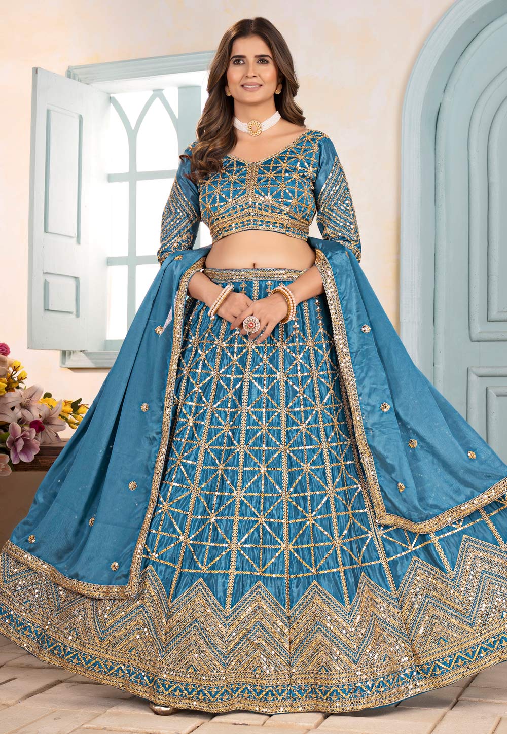 Sky Blue Net Lehenga Choli 319171