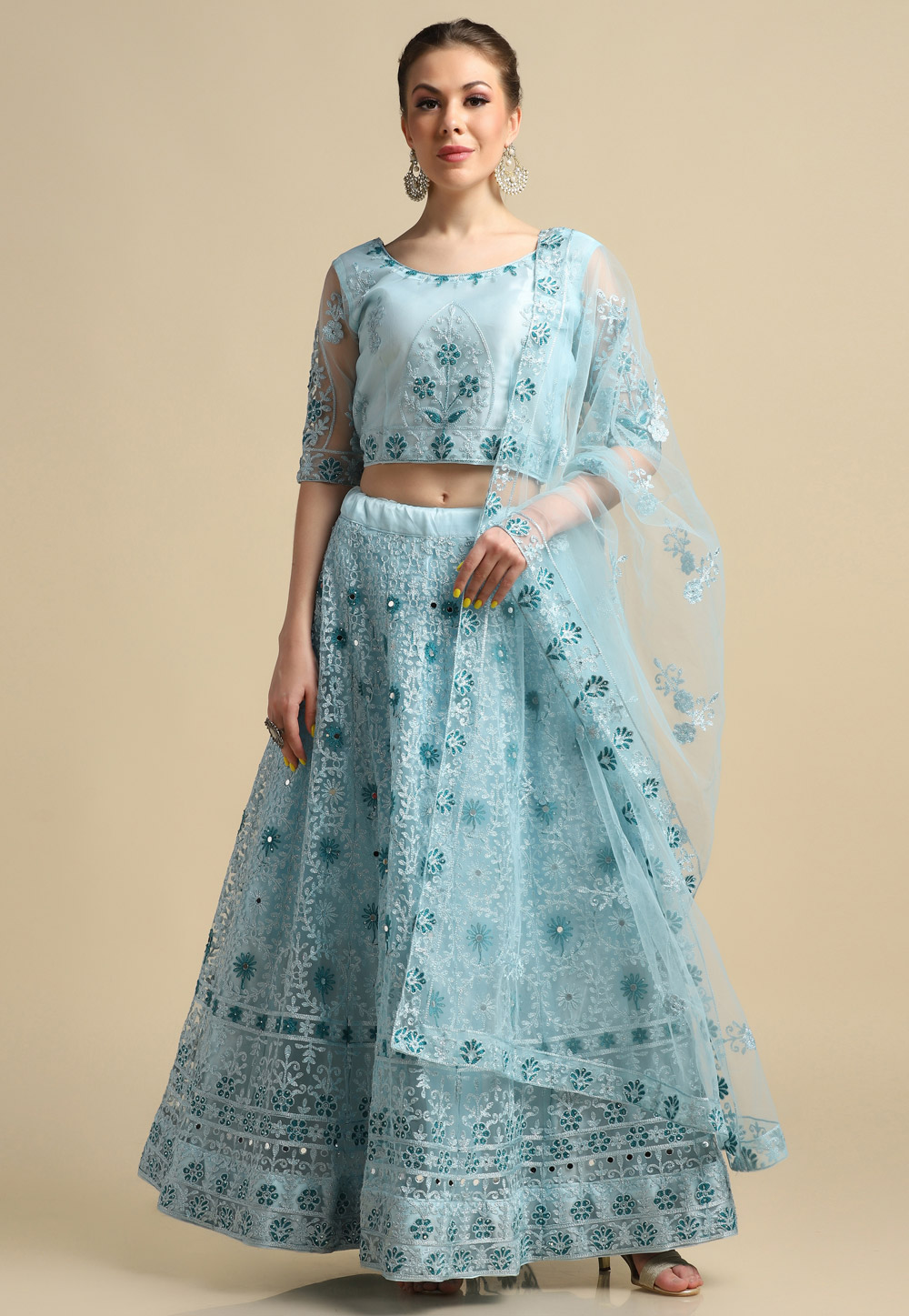 Sky Blue Net Lehenga Choli 286397