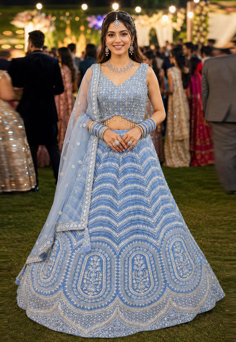 Sky Blue Net Lehenga Choli For Wedding 329718