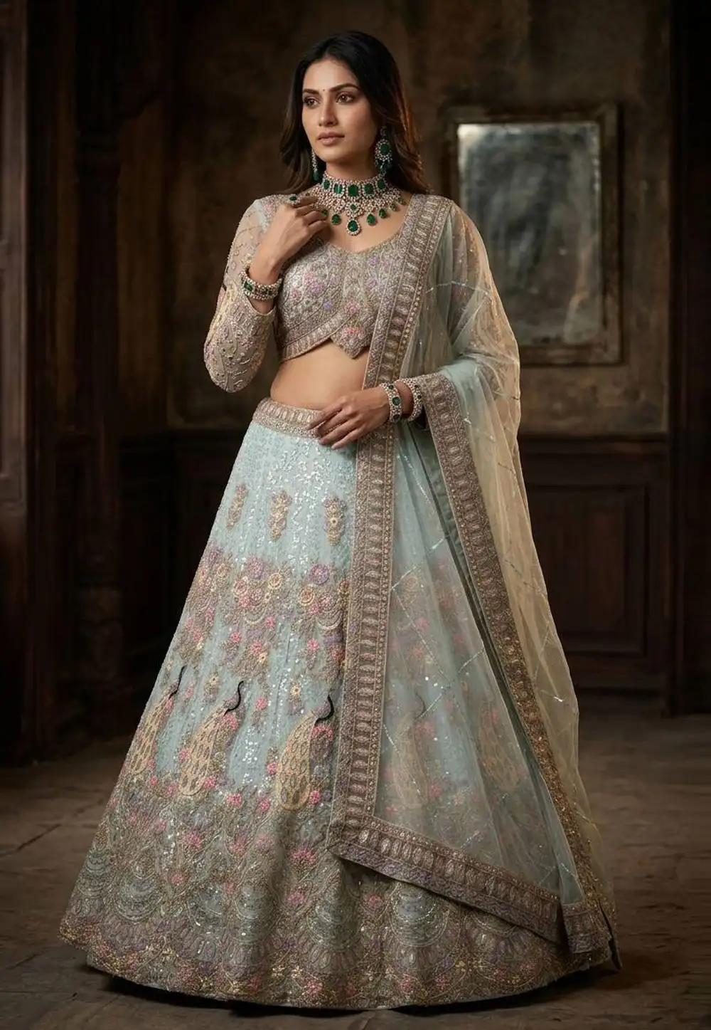Sky Blue Net Lehenga Choli For Wedding 330929