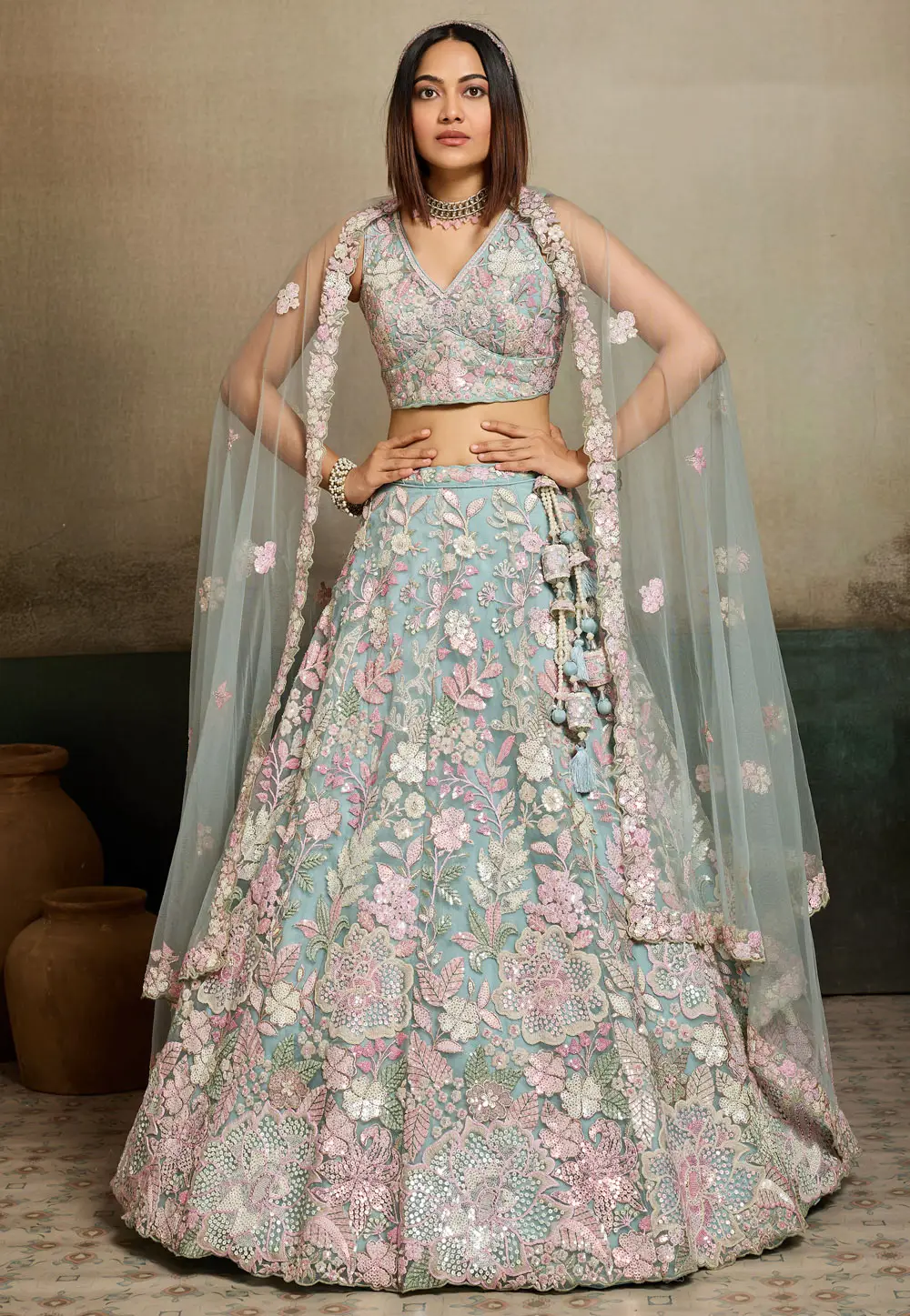 Sky Blue Net Lehenga Choli For Wedding 333724