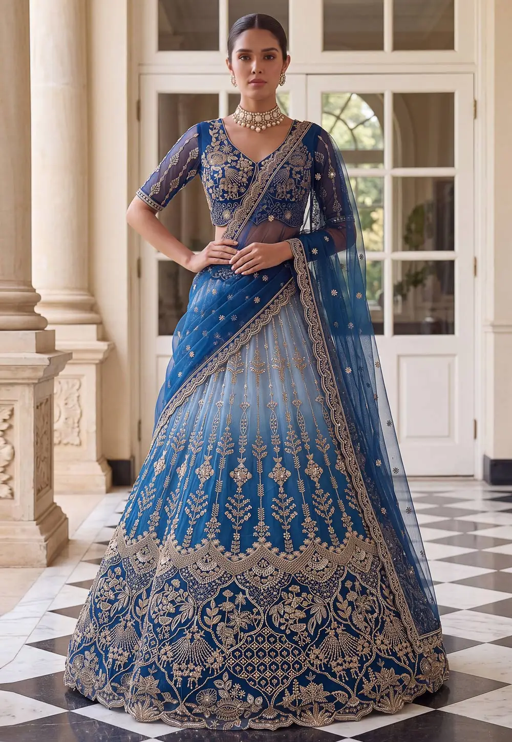 Sky Blue Net Lehenga Choli For Wedding 336111