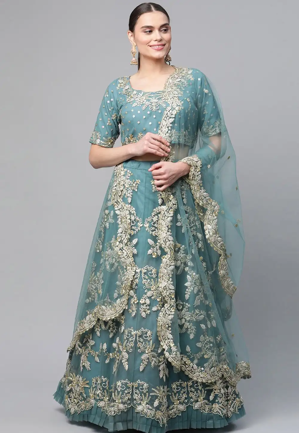 Sky Blue Net Lehenga Choli 288542