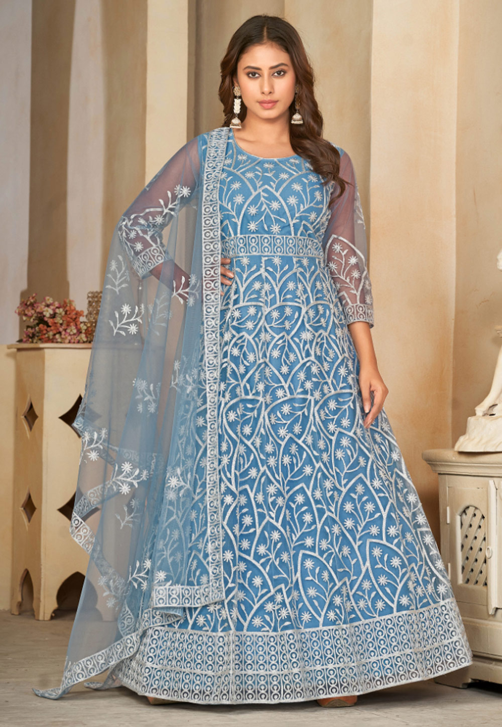 Sky Blue Net Long Anarkali Suit 282033