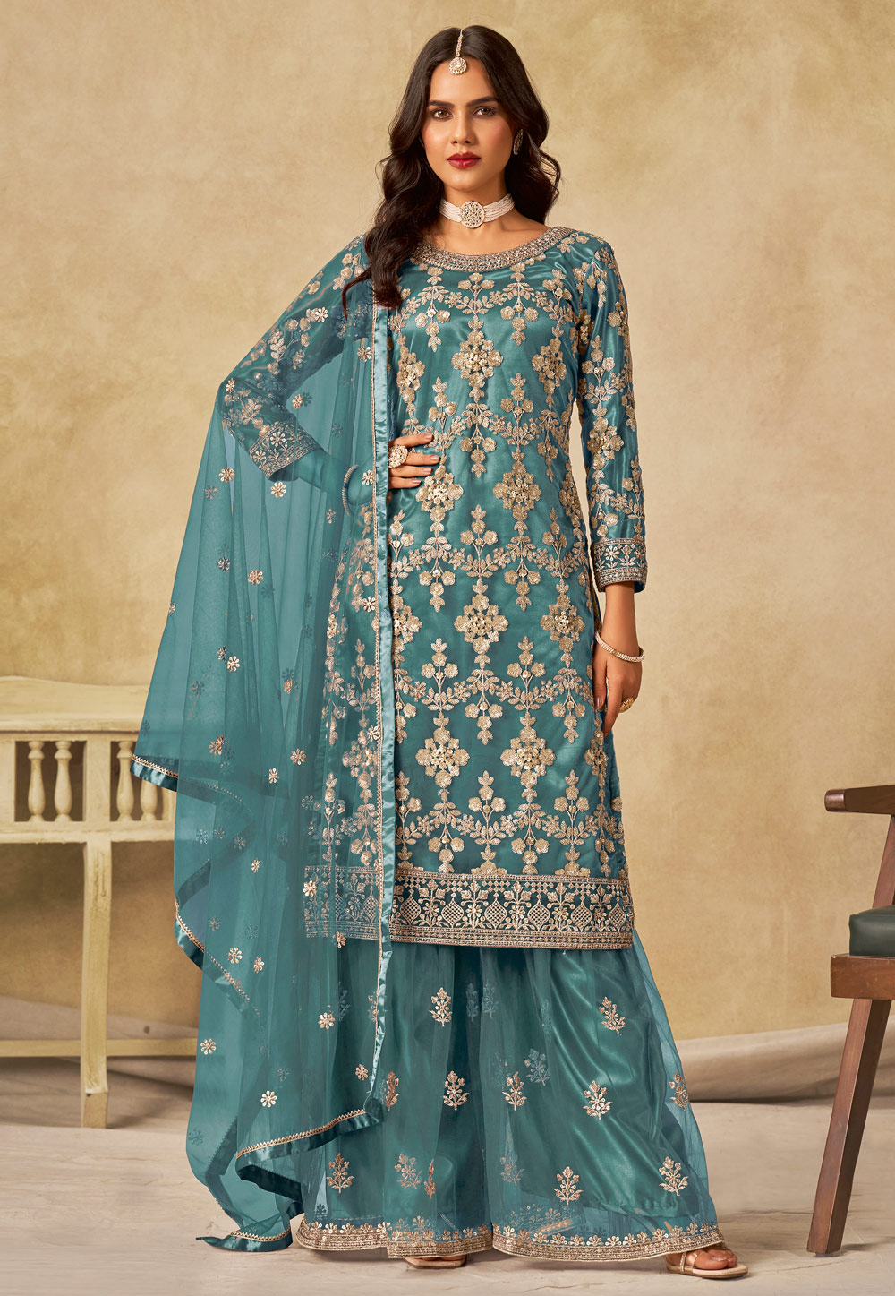 Sky Blue Net Pakistani Suit 318080