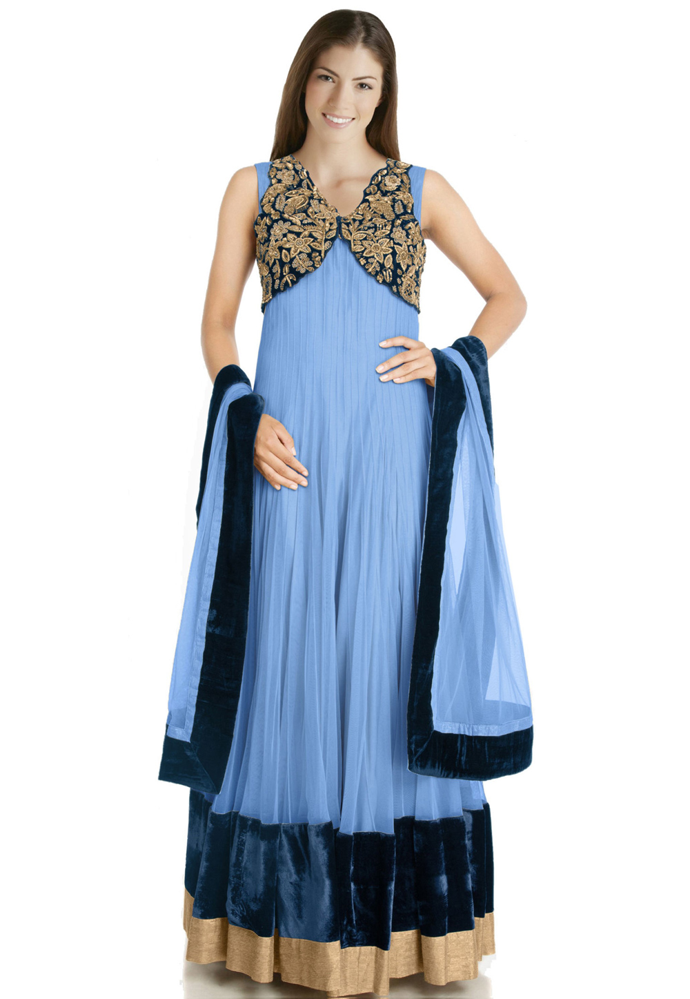 Sky Blue Net Readymade Anarkali Suit 322188