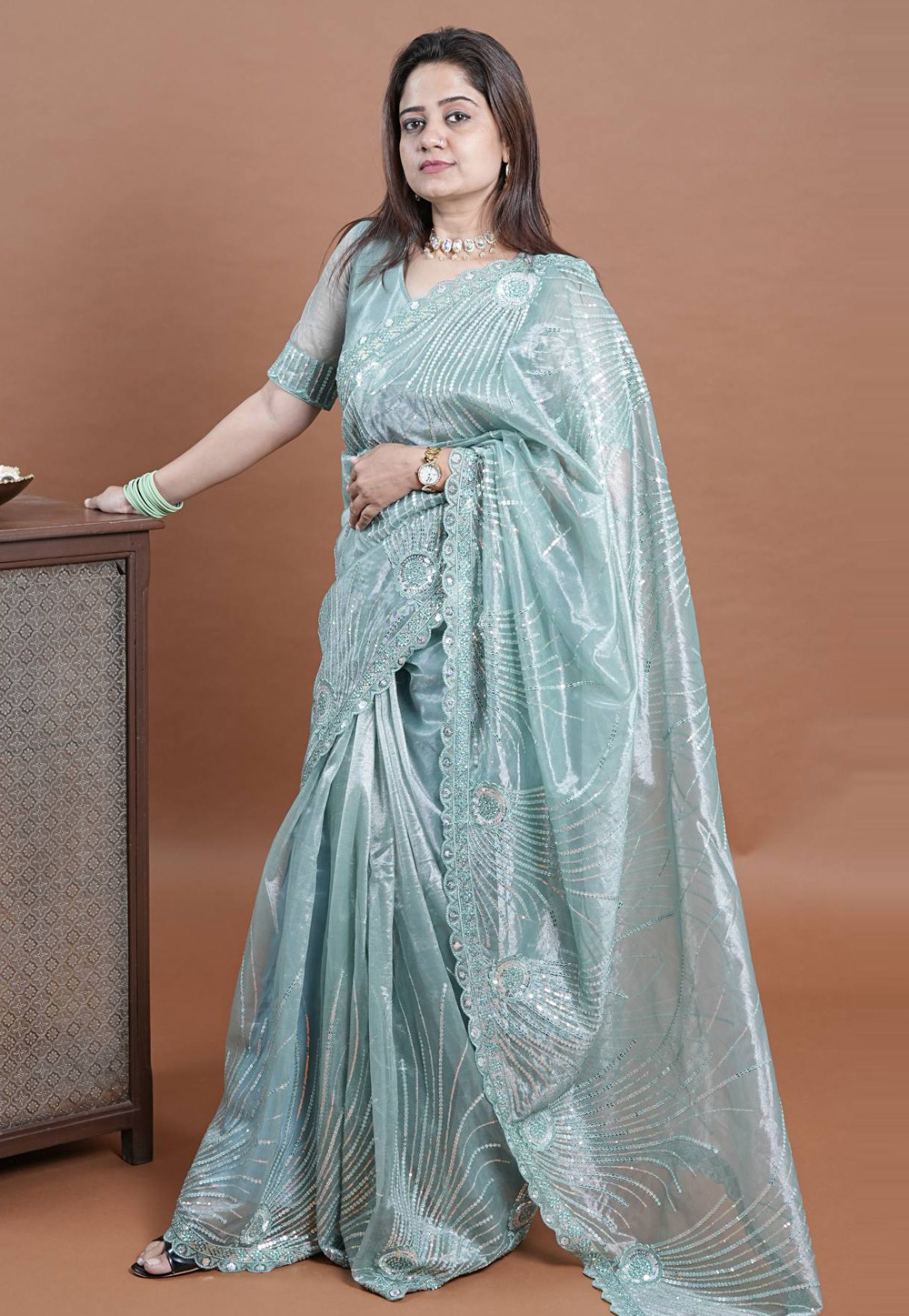 Sky Blue Net Saree With Blouse 330192