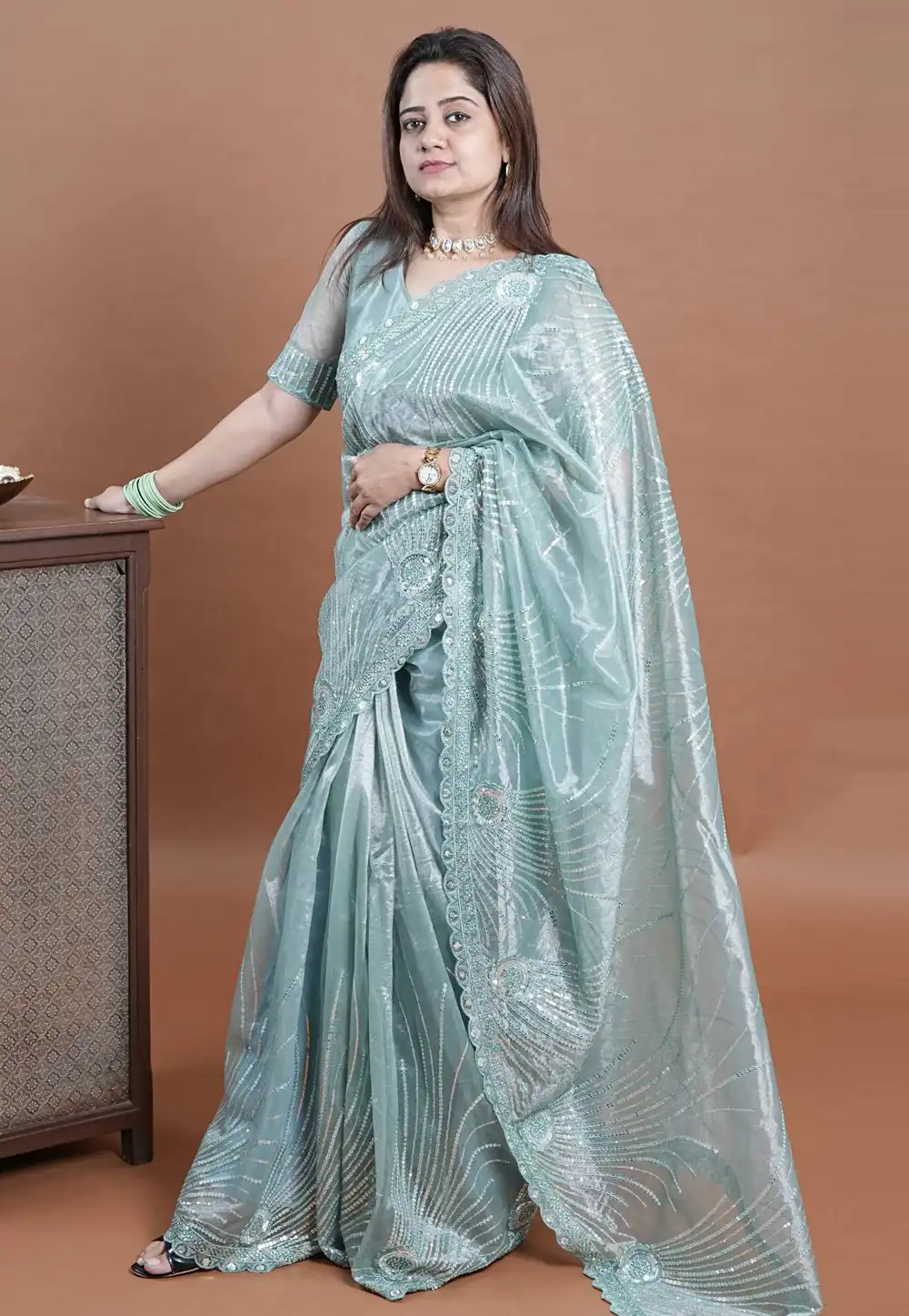 Sky Blue Net Saree With Blouse 330192
