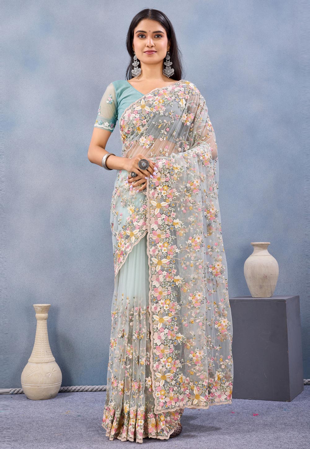 Sky Blue Net Saree With Blouse 327631