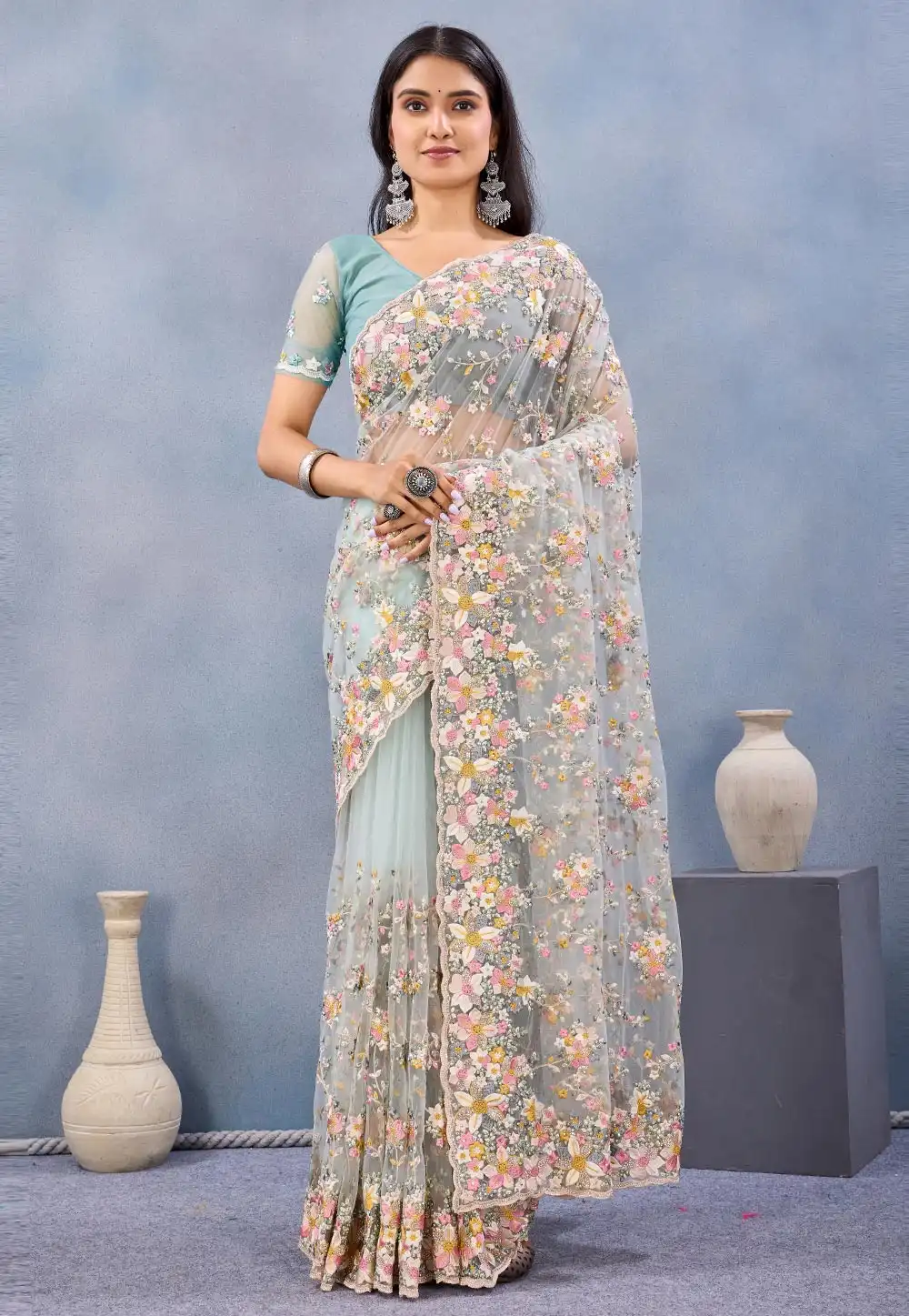 Sky Blue Net Saree With Blouse 327631