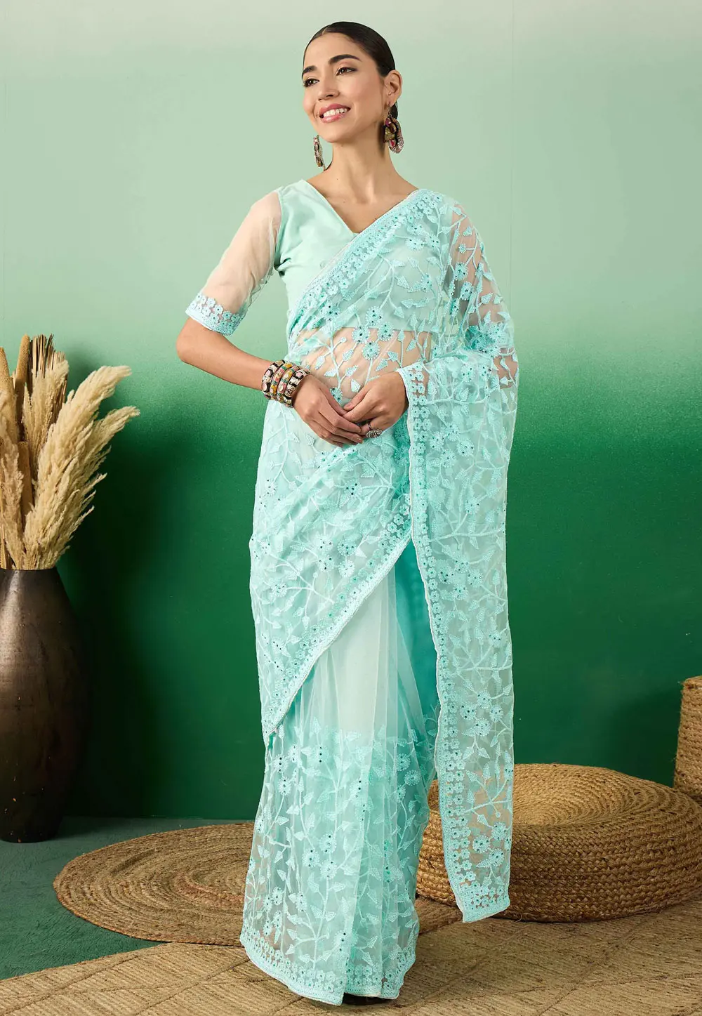 Sky Blue Net Saree With Blouse 331674