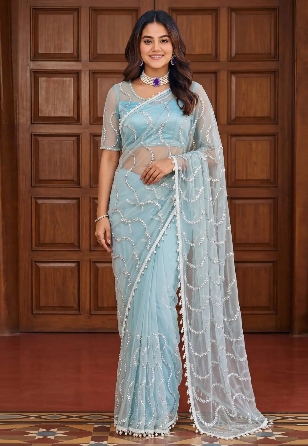 Sky Blue Net Saree With Blouse 331504