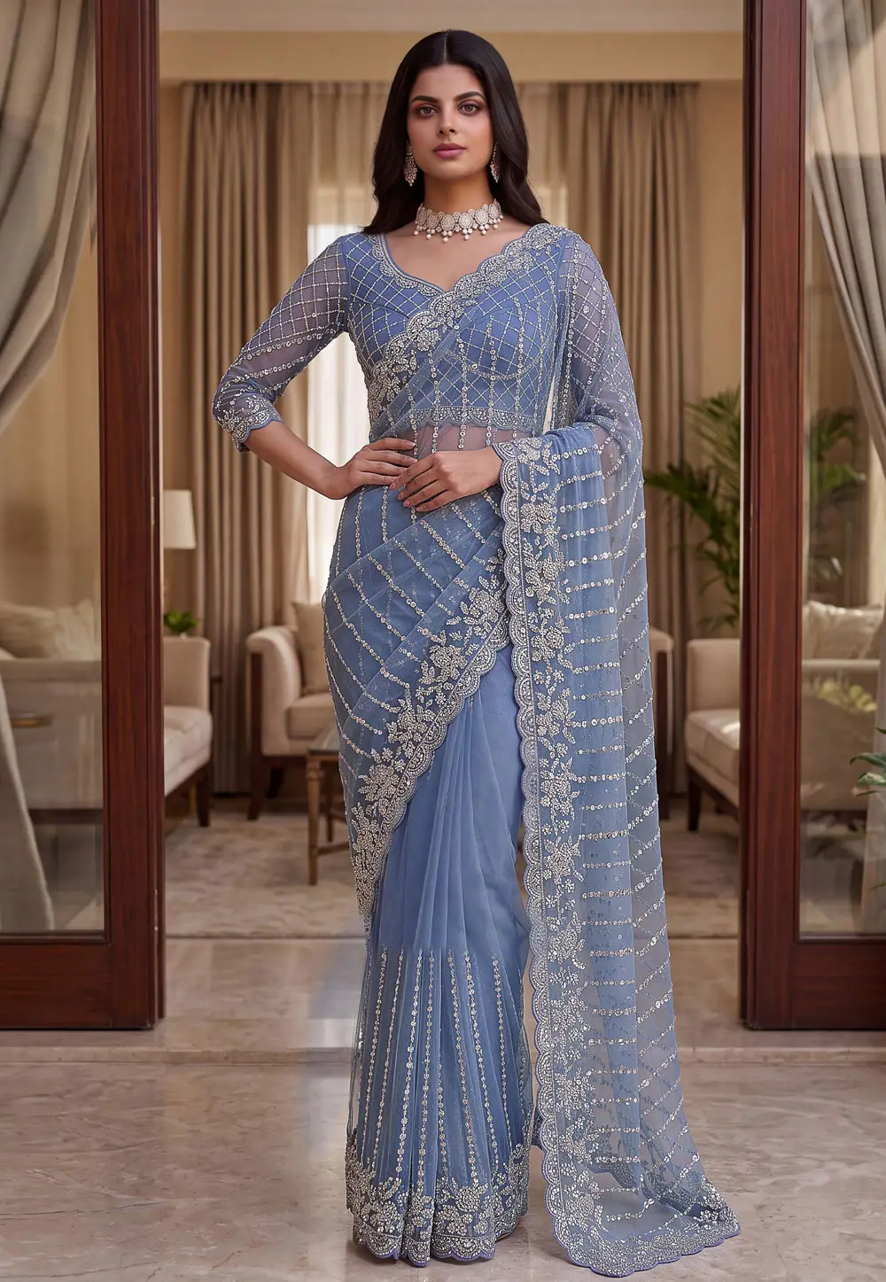 Sky Blue Net Saree With Blouse 334805