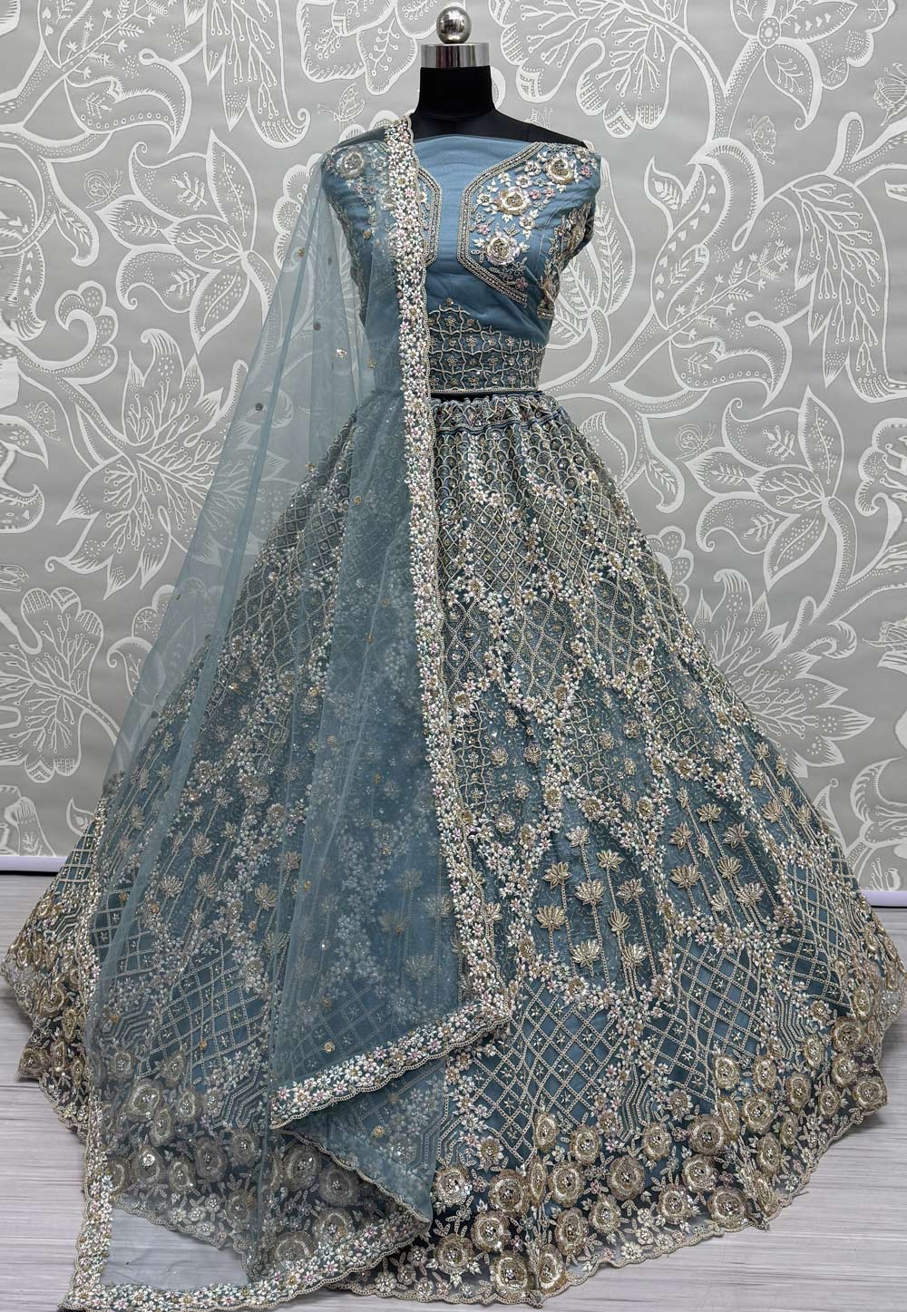 Sky Blue Net Wedding Lehenga Choli 307467