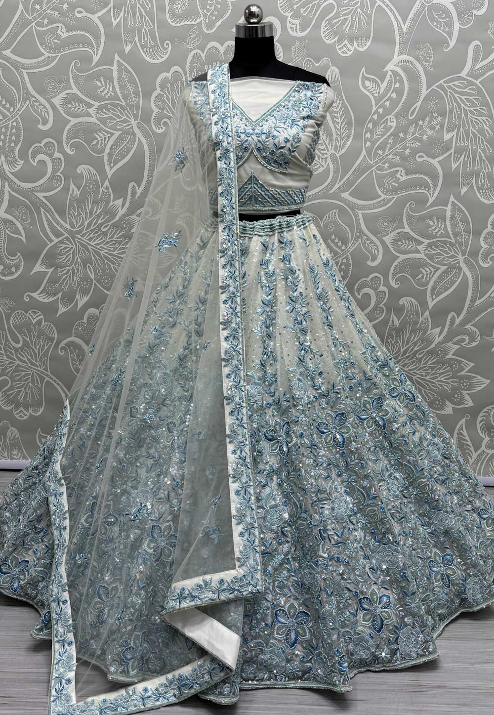 Sky Blue Net Wedding Lehenga Choli 308698
