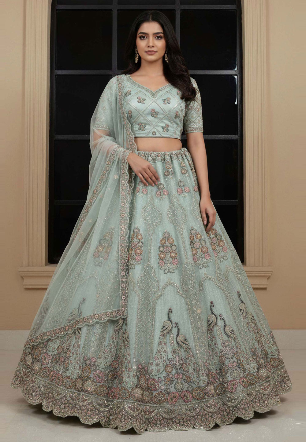 Sky Blue Net Wedding Lehenga Choli 320425