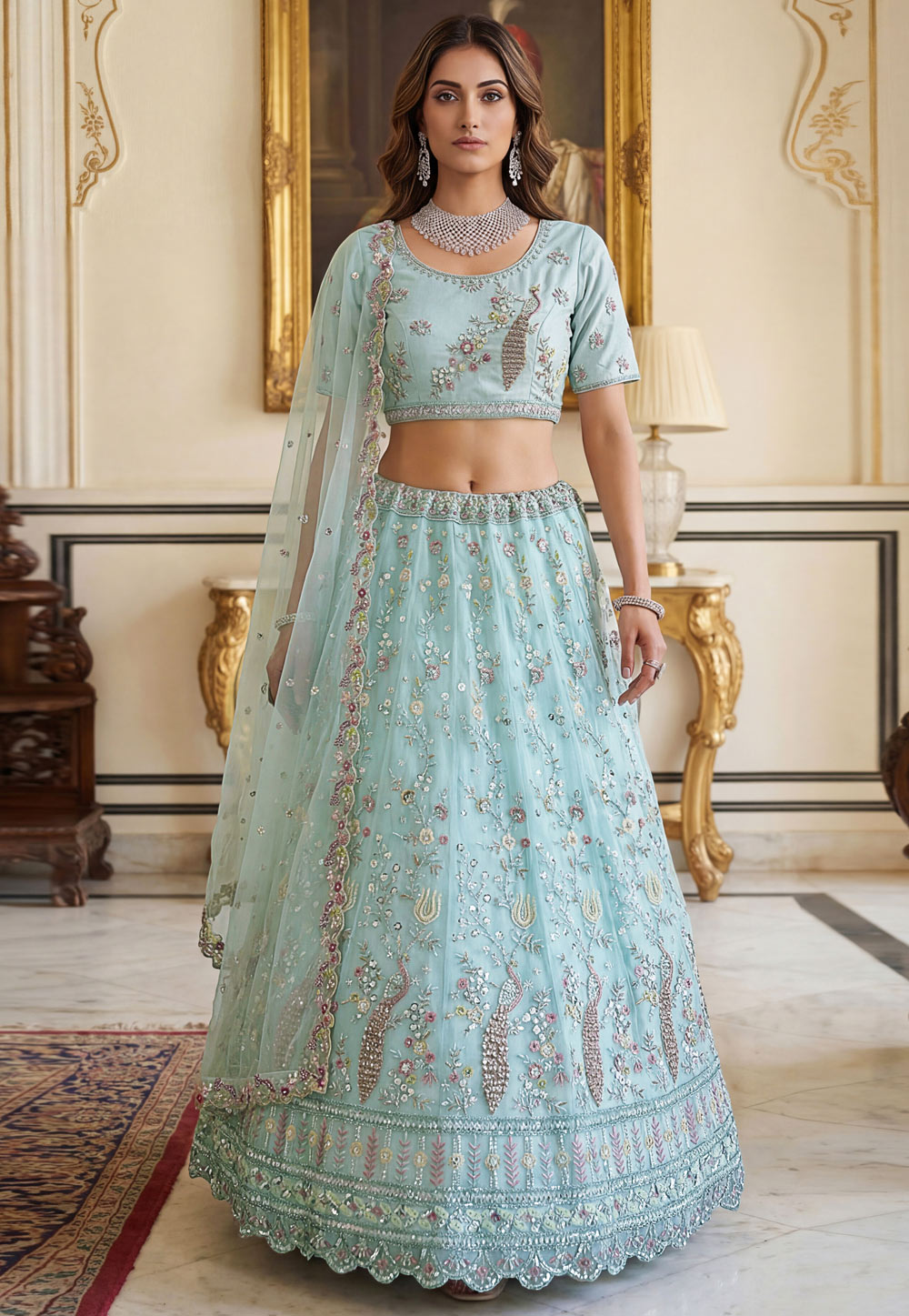 Sky Blue Net Wedding Lehenga Choli 323519