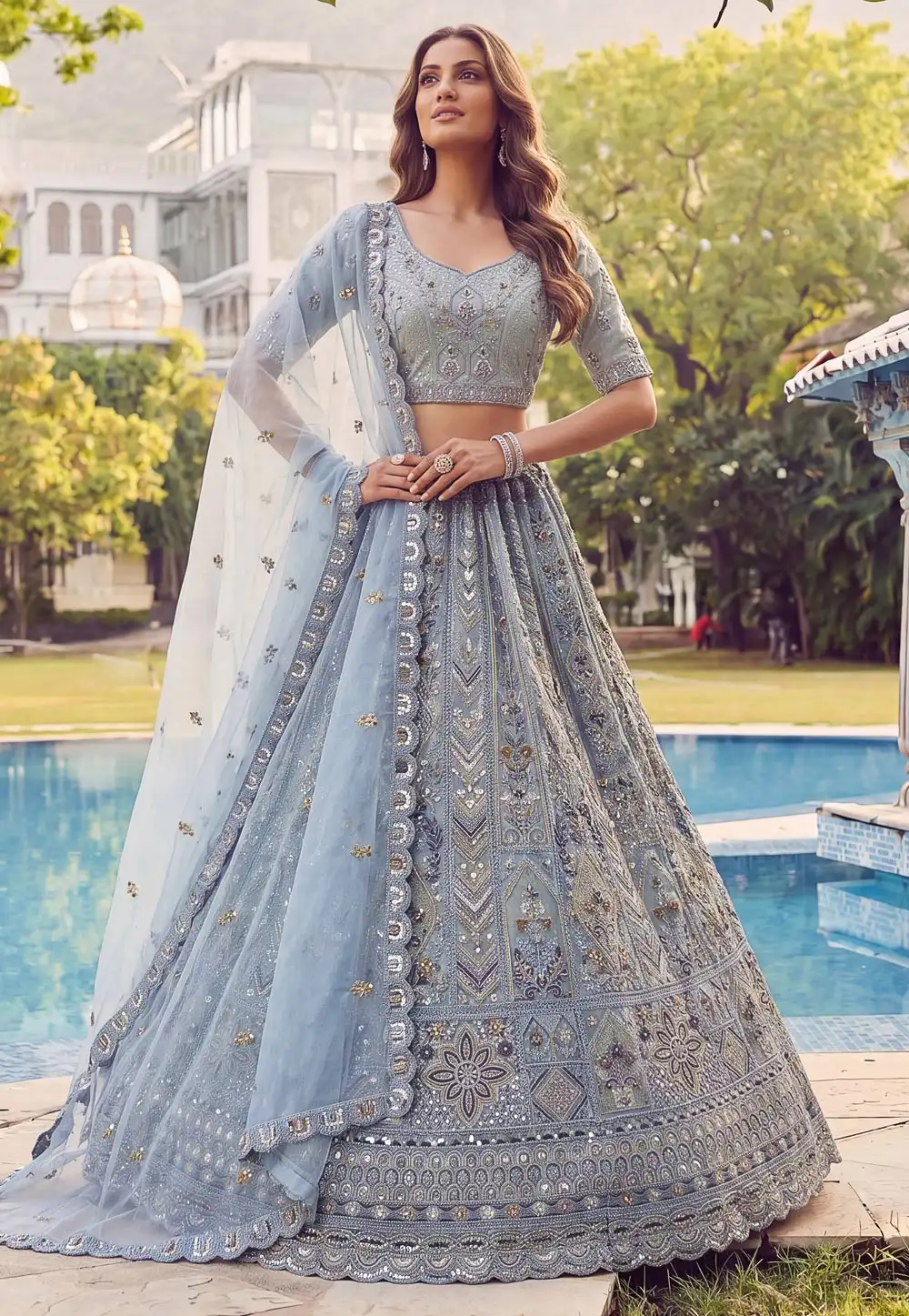 Sky Blue Net Wedding Lehenga Choli 329122
